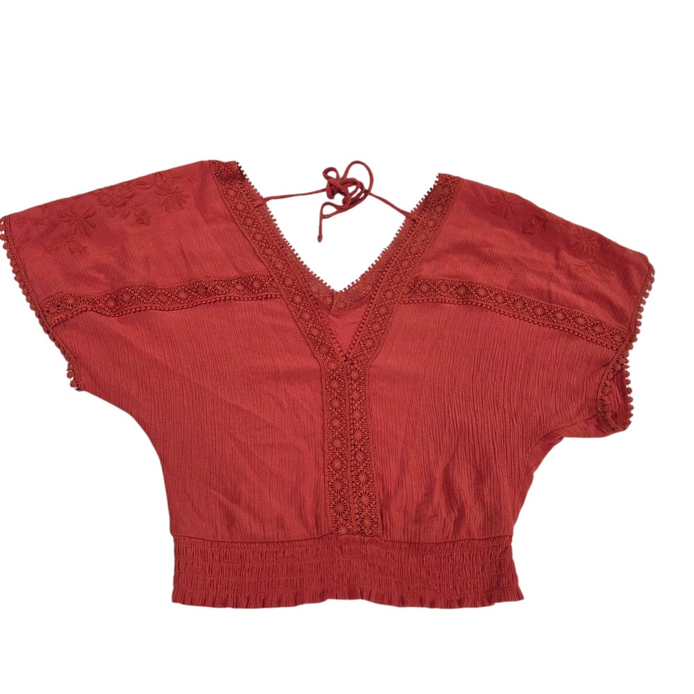 Self E Cropped Top Womens Red Small V Neck Dolman Crochet Trim Beach Summer